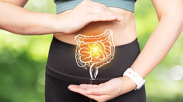 Na slici su prikazane dve ruke koje okružuju digestivni sistem - briga o crevima sastavni deo je kvalitetnog života.