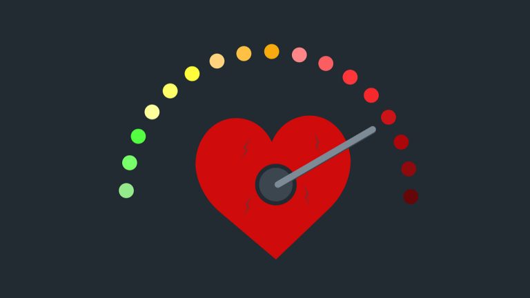 Ova animacija prikazuje srce sa pokazivačem na visoki krvni pritisak.