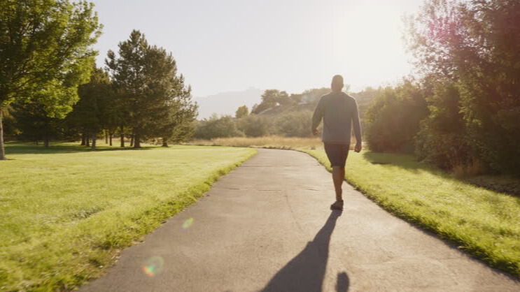 Na slici je prikazan čovek koji šeta stazom u prirodi.