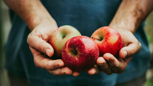 Na slici je čovek koji drži tri jabuke u ruci.